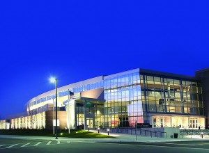 Exterior of the lit up building at dusk